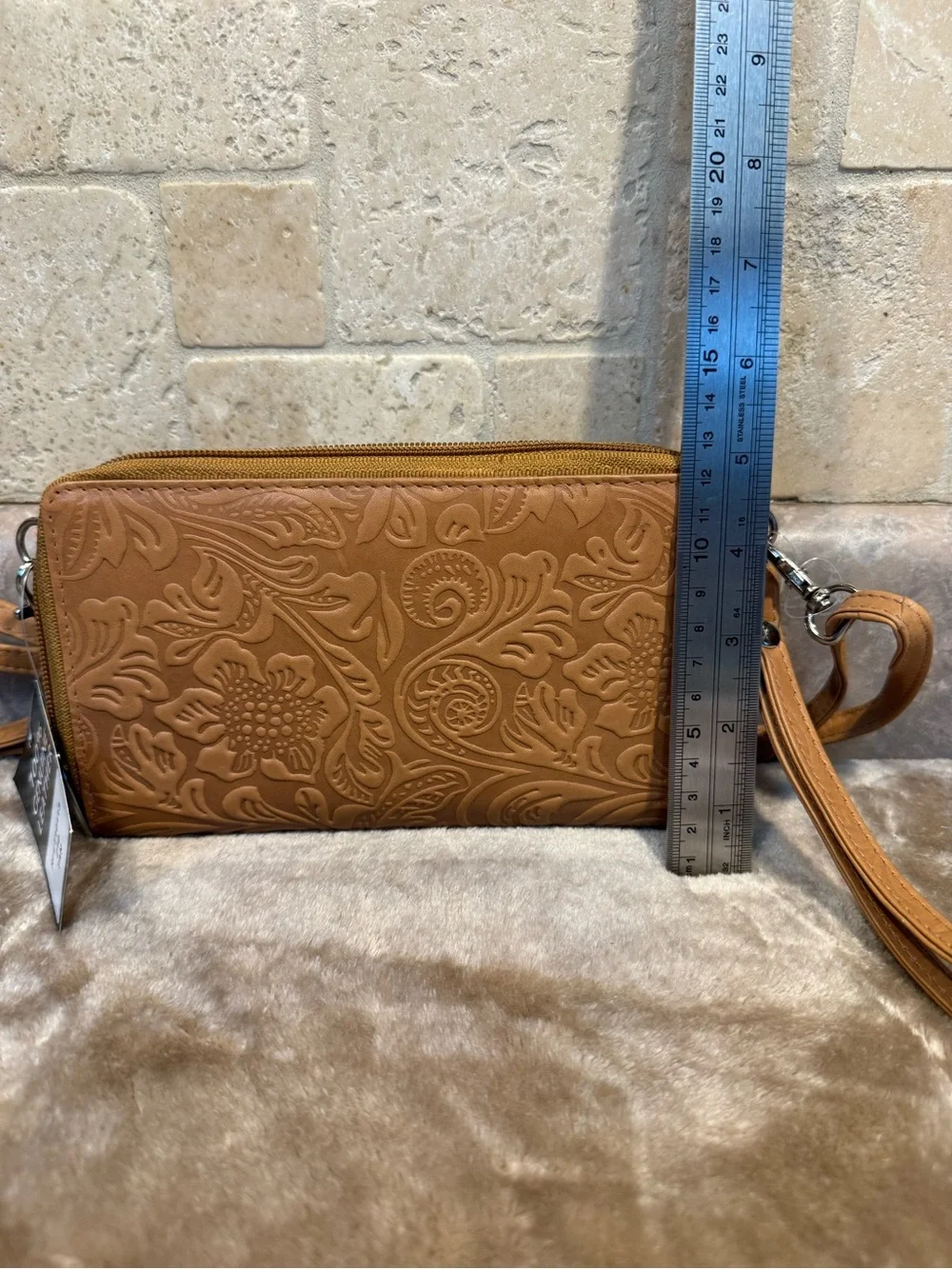Tan Floral Embossed Genuine Leather Wristlet Wallet